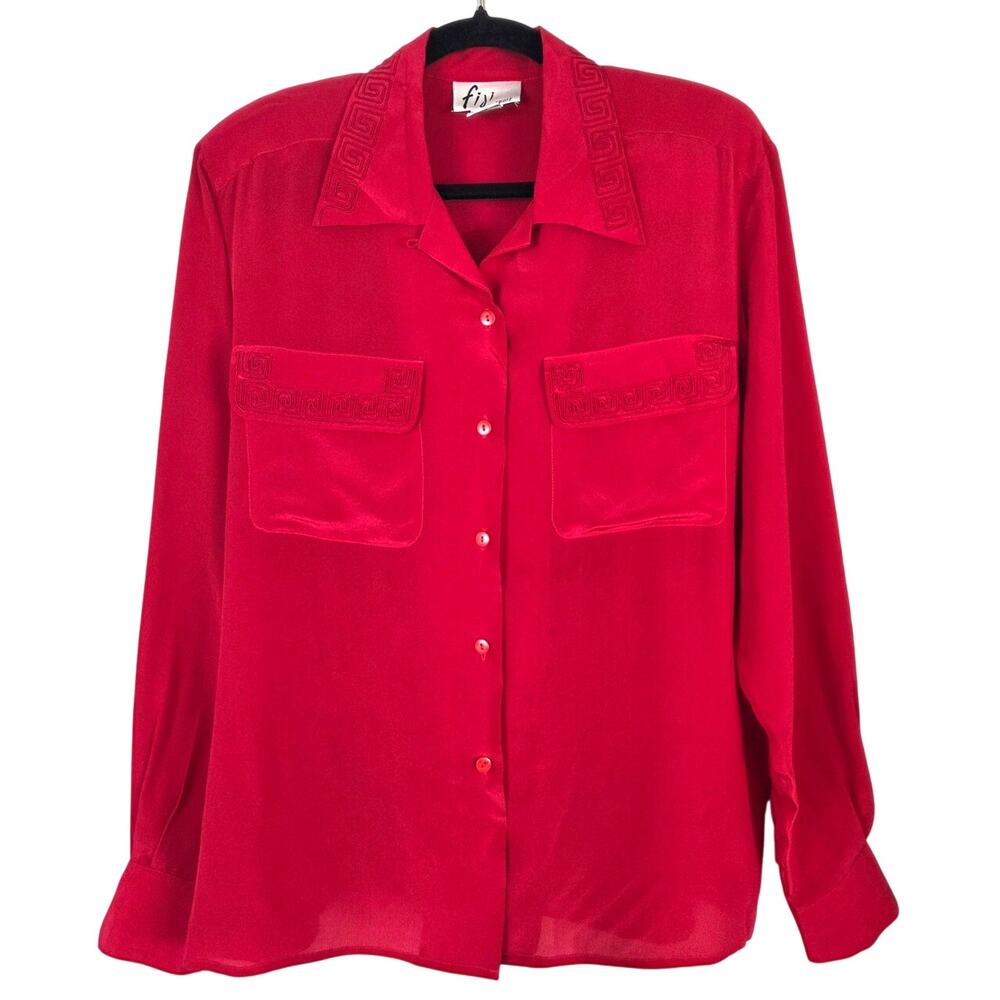 Vintage Fiji 90s Red SILK Button Up Collared Top Embroidered Womens Medium Retro
